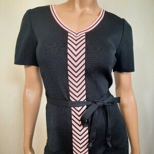 Vintage 70s Black Belted Sweater Pink Chevron Pattern Short Sleeve V Neck Size M